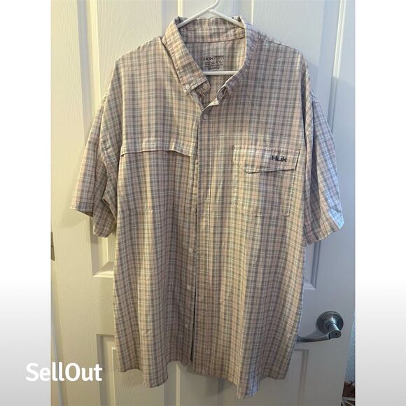 HUK Men's Plaid Pink & Grey Performance Button-Up 2XL Multicolor Short Sleeve - Picture 1 of 3